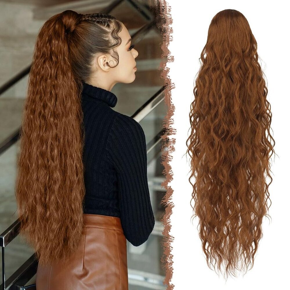 Long Curly Wavy Synthetic Ponytail Extension Light Auburn 26-inch